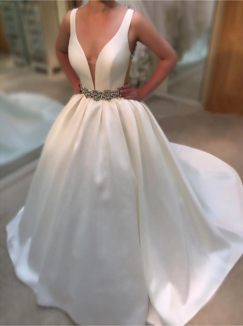 2024 Elegant A Line Satin Deep V Neck Beaded Belt Wedding Dresses