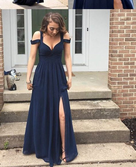 Navy Blue Straps Split Front Long Floor length A-Line Chiffon Prom Dresses