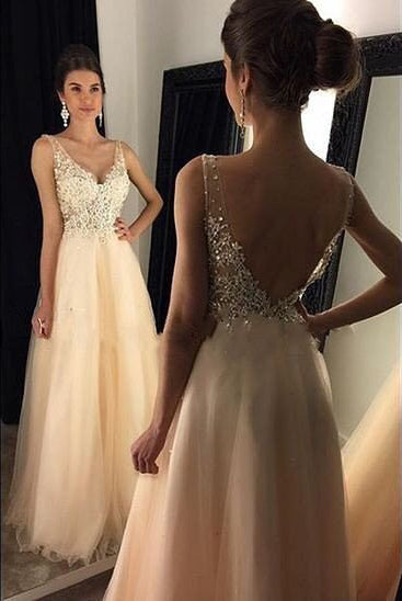 V-Neck Backless Beading A-Line Tulle Champagne Prom Dresses