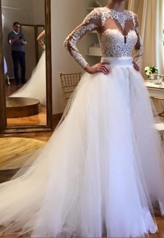 2024 Elegant A Line Long Sleeves Tulle With Appliques Wedding Dresses