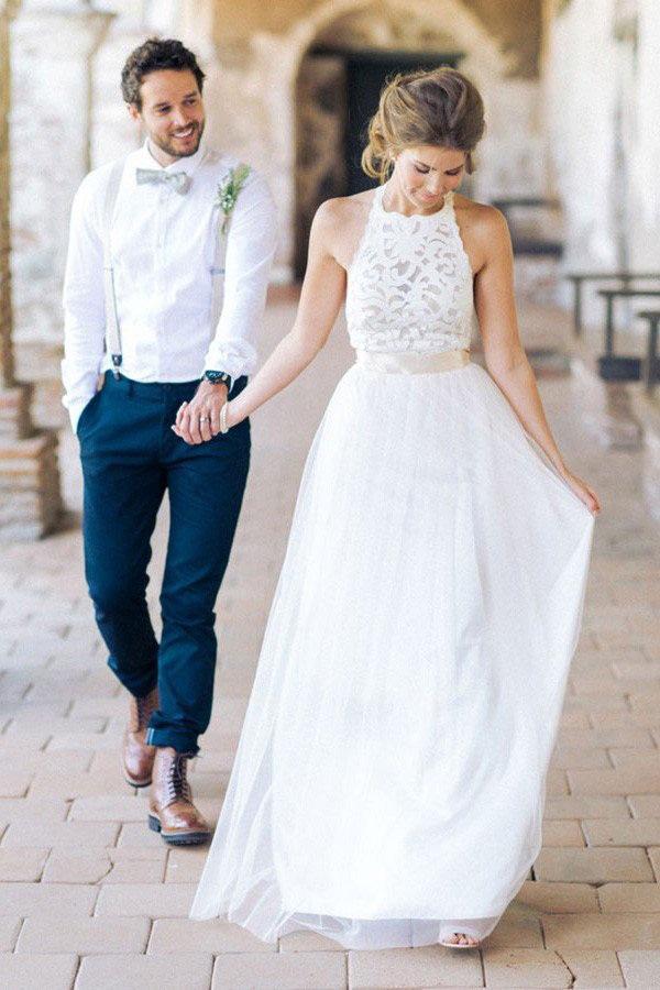 Simple Jewel Chiffon Lace Top Wedding Dress Lace Tulle Beach Wedding Dress with belt