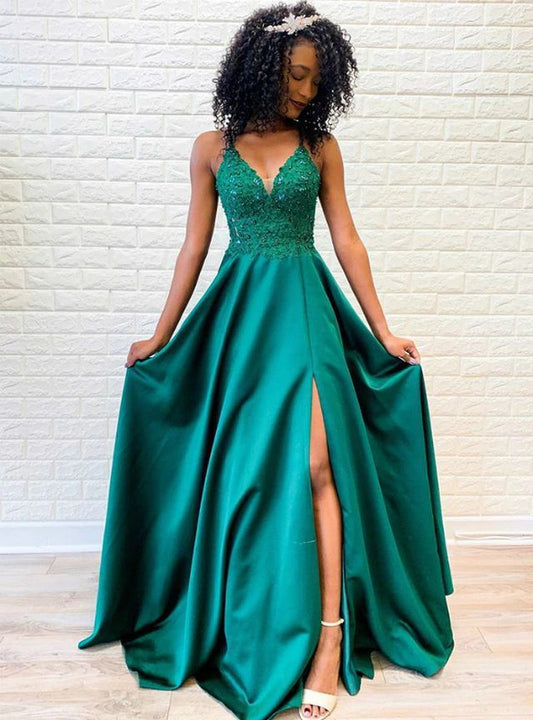 2024 A Line Elastic Satin Hunter Green Sweetheart Side Slit Lace Up Long Prom Dresses