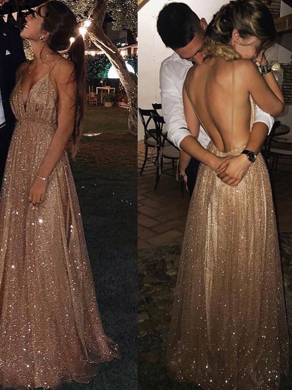 2024 A Line Shiny V Neck Side Slit Champagne Backless Sequence Long Prom Dresses