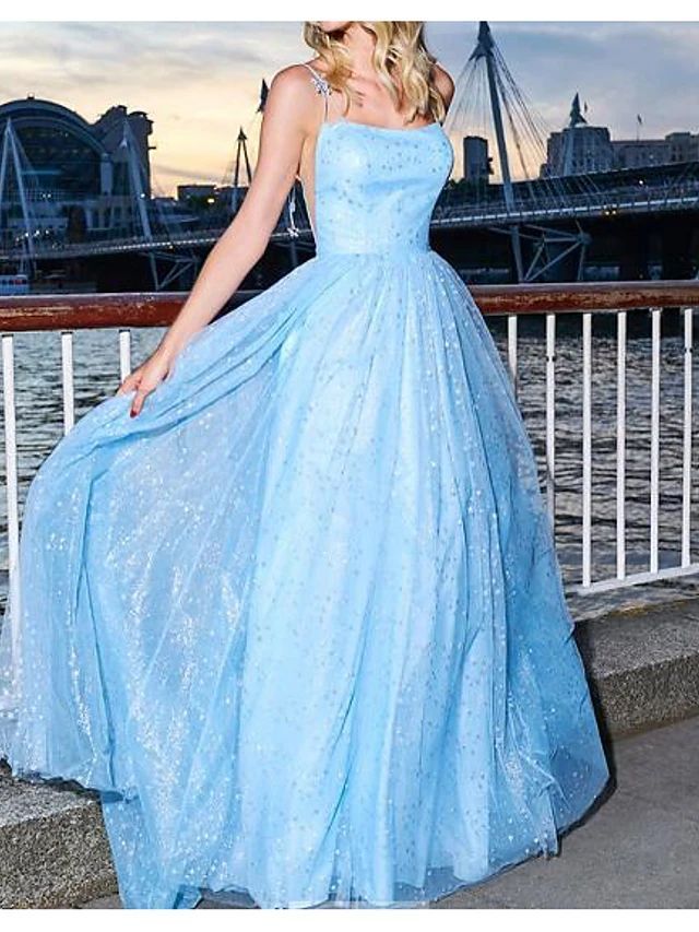 2024 A Line Blue Tulle Halter Long Prom Dresses