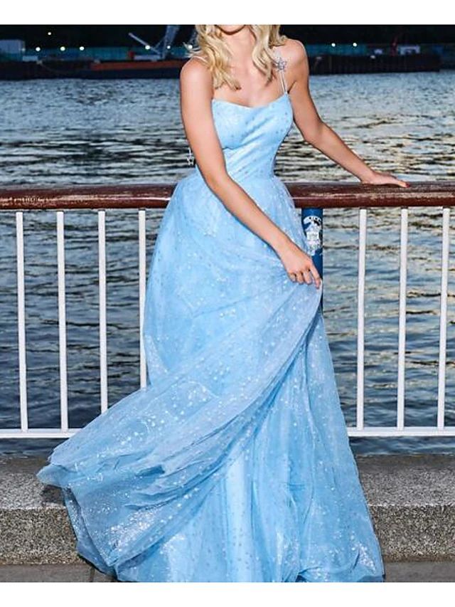 2024 A Line Blue Tulle Halter Long Prom Dresses