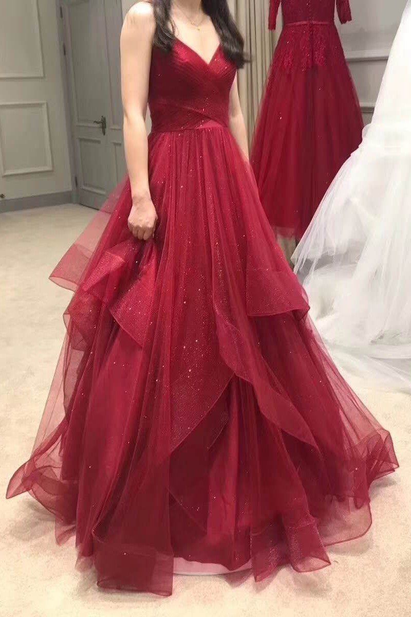 2024 A Line Red Sweetheart Tulle Layered Long Prom Dresses