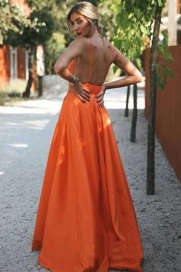 2024 A Line Satin Orange Sweetheart Long Backless Prom Dresses