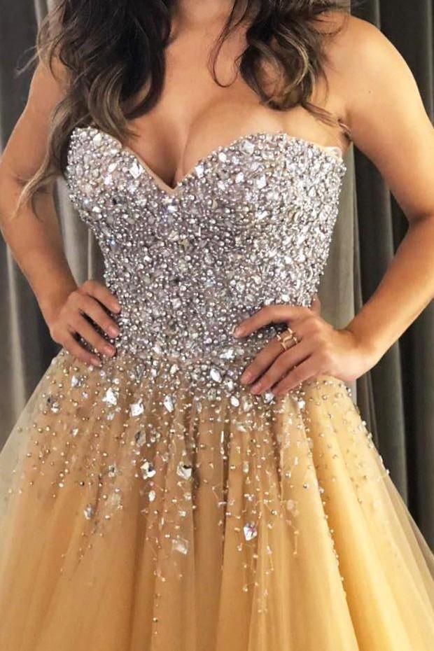 2024 A Line Beaded Sweetheart Tulle Champagne Long Prom Dresses