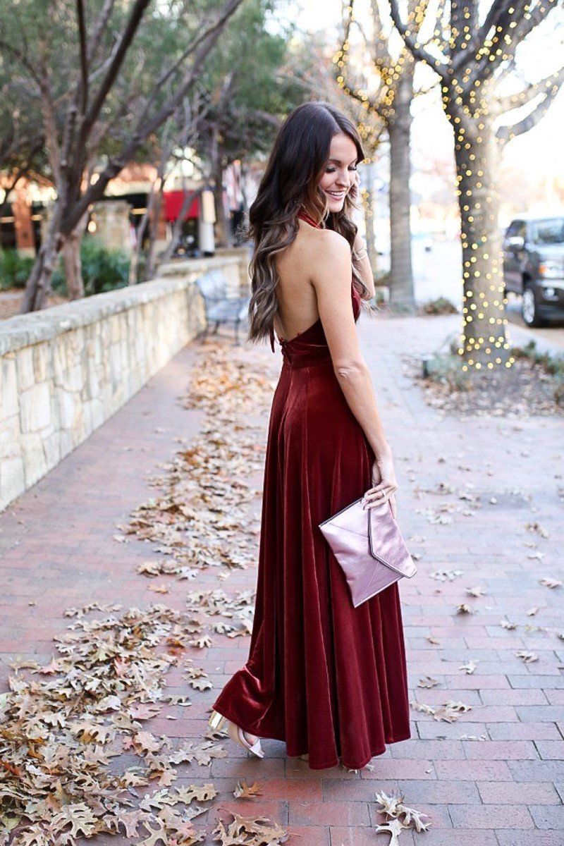 2024 A Line Burgundy Velvet V Neck Backless Floor Length Prom Dresses