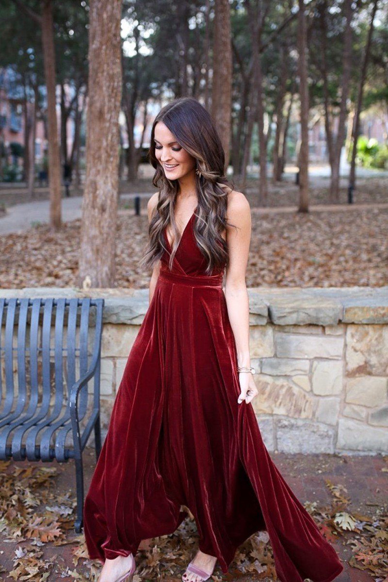 2024 A Line Burgundy Velvet V Neck Backless Floor Length Prom Dresses