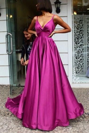 2024 A Line Fuchsia Satin Sweetheart Backless Long Prom Dresses