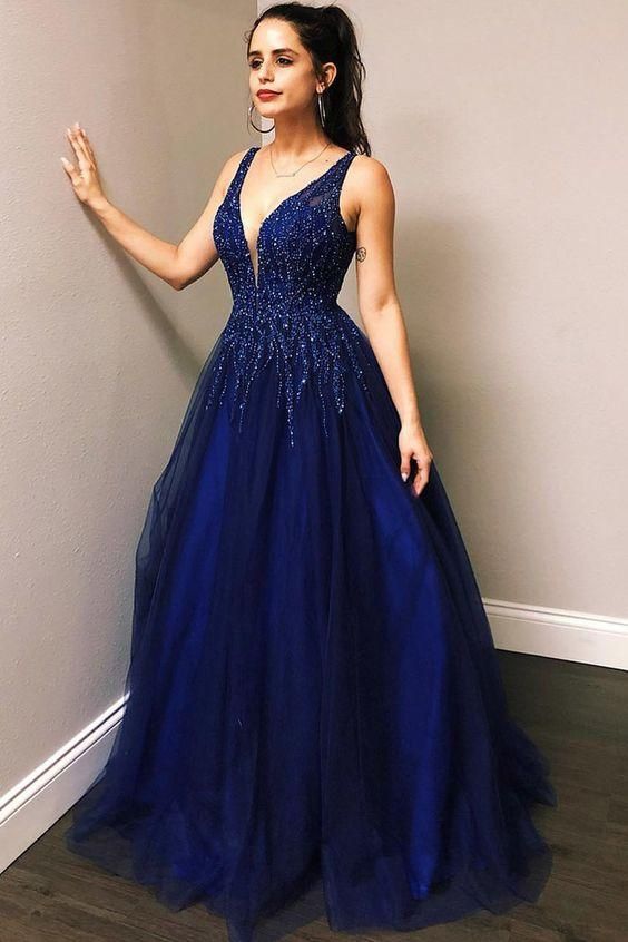 2024 A Line Royal Blue Beaded Tulle V Neck Long Prom Dresses