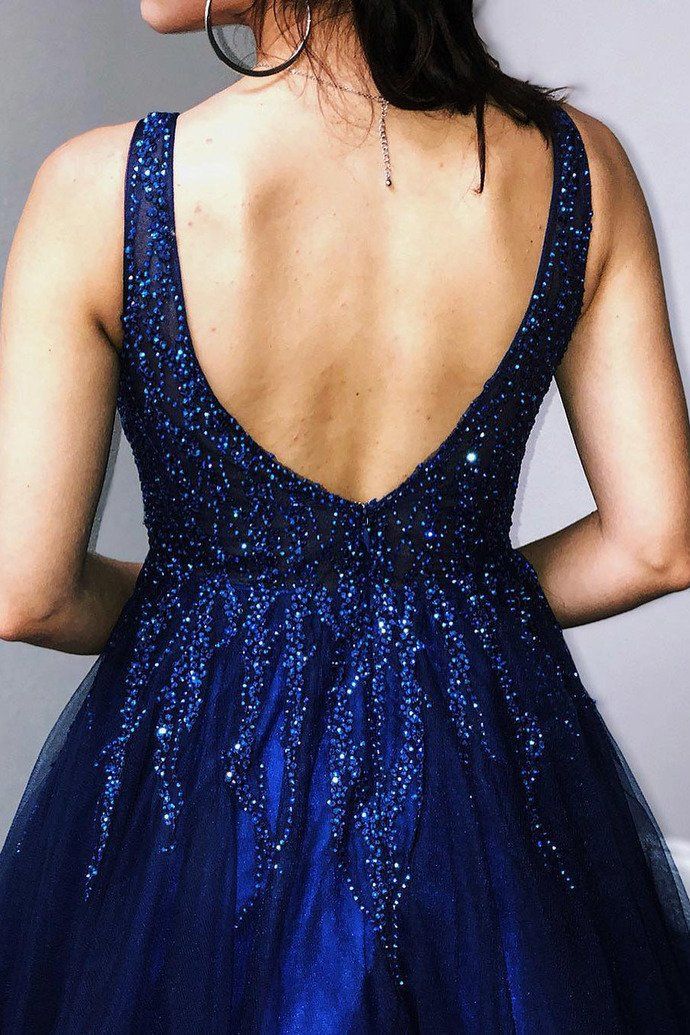 2024 A Line Royal Blue Beaded Tulle V Neck Long Prom Dresses