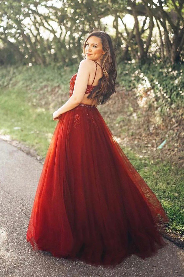 2024 A Line Tulle Backless Sweetheart Red Beaded Long Prom Dresses