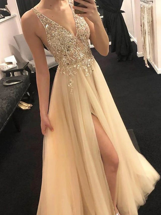 2024 A Line Champagne Tulle Side Slit V Neck Beaded Long Prom Dresses