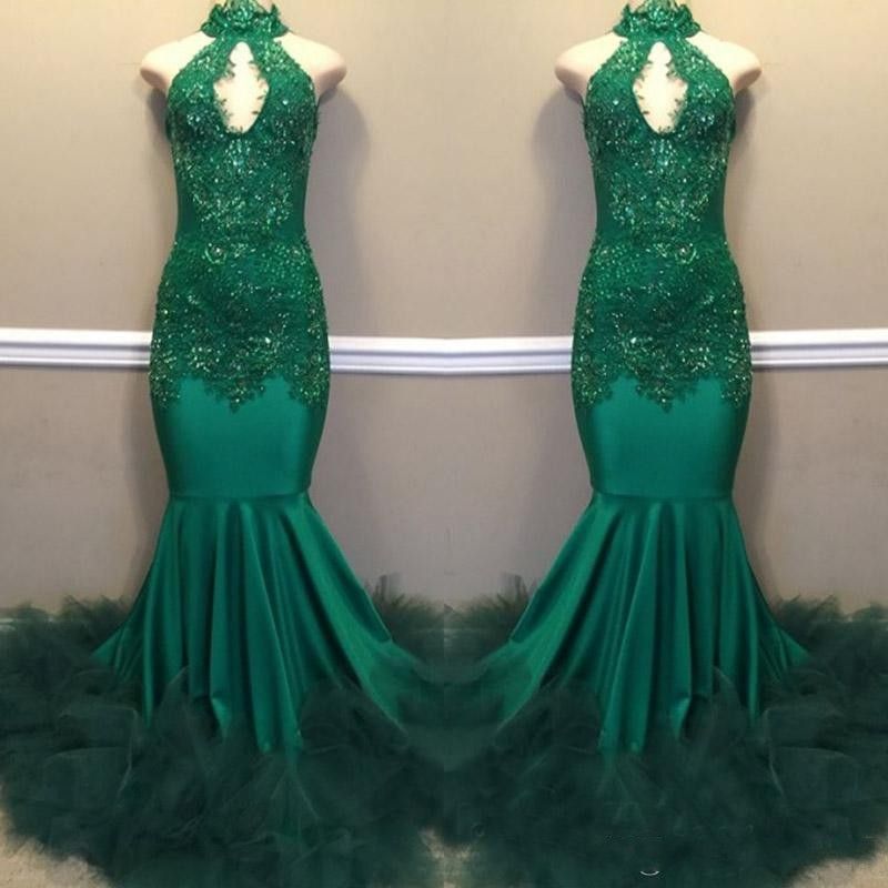 High Neck Green Sheath Long Elastic Satin Prom Dresses