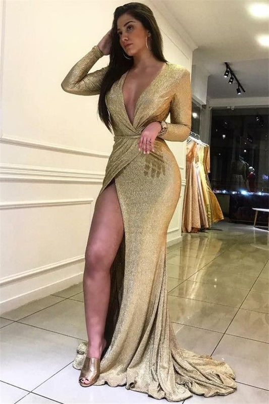 Long Sleeves V Neck Sheath Side Slit Gold Prom Dresses