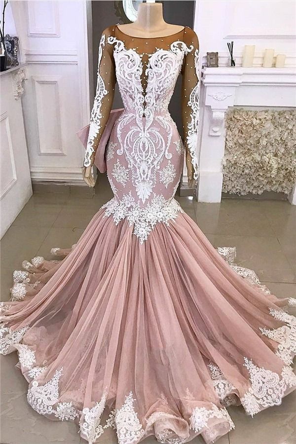 Dusty Rose Mermaid White Appliques Scoop Long Sleeves Prom Dresses