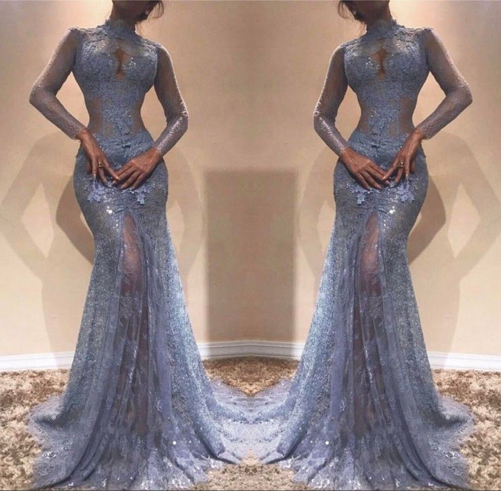 Lace Light Sky Blue Mermaid High Neck Long Sleeves Prom Dresses