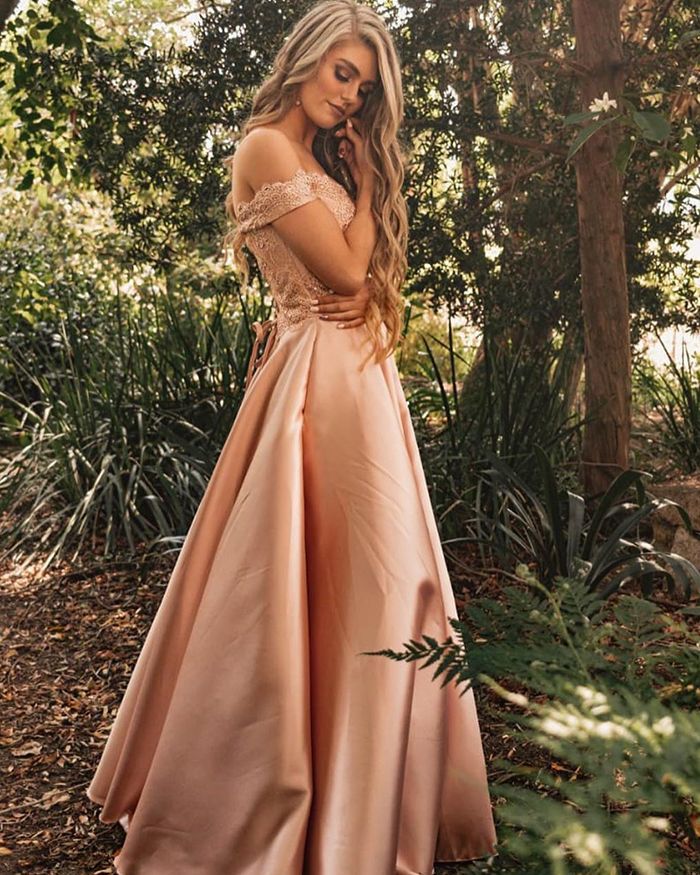 Off Shoulder Blush Pink Satin Sweetheart A Line Prom Dresses