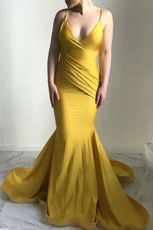 Backless Mermaid Gold Ruch Halter Long Sweetheart Prom Dresses