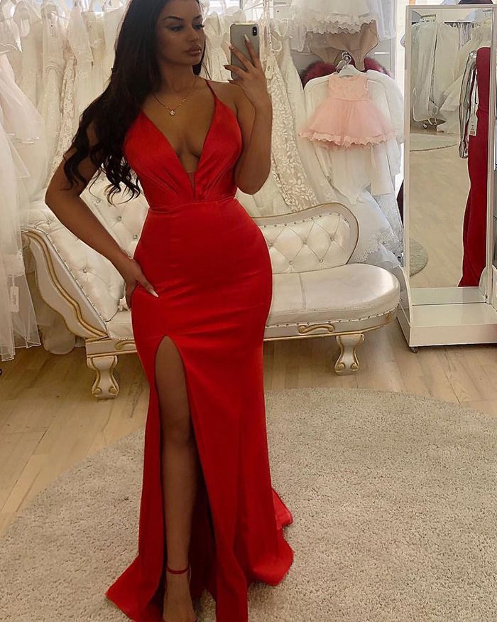 Deep V Neck Sheath Red Side Slit Long Prom Dresses