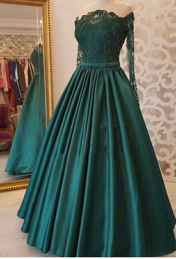 Off Shoulder Dark Green A Line Appliques Long Long Sleeves Prom Dresses