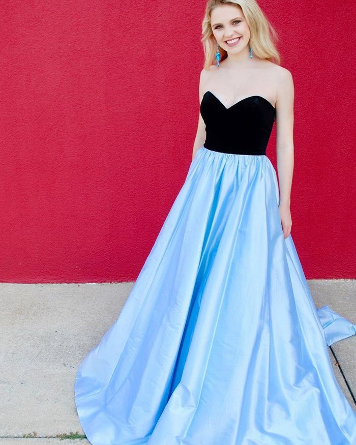 A Line Long Satin Sweetheart Blue With Black Prom Dresses