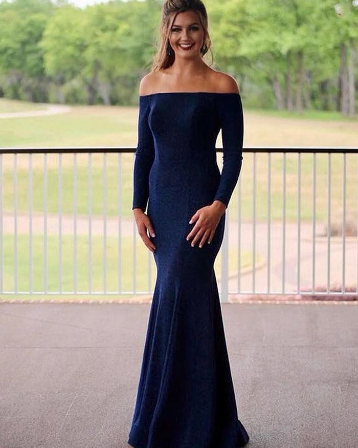 Off Shoulder Royal Blue Mermaid Long Sleeves Prom Dresses