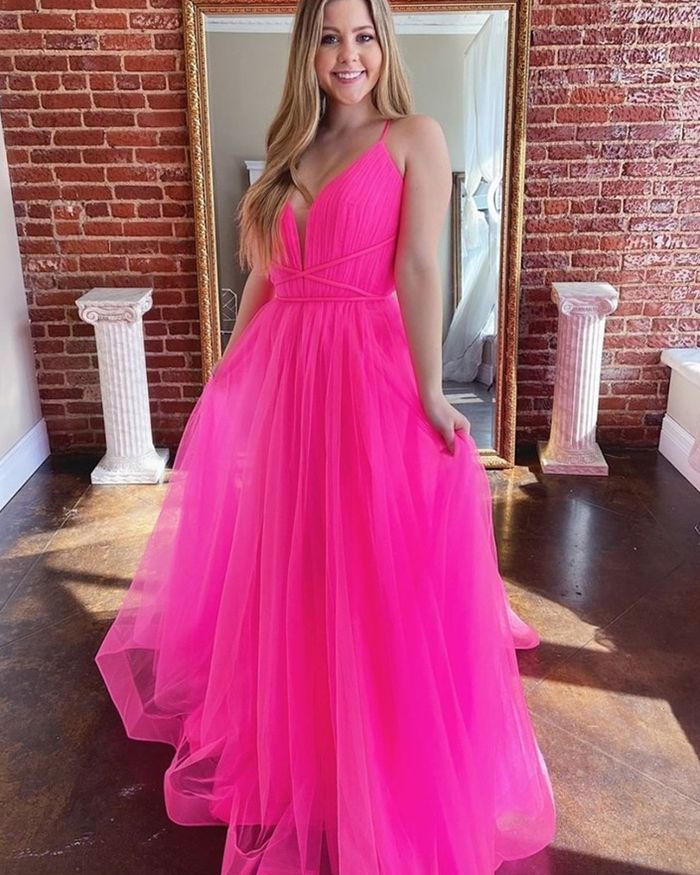 Pink Sweetheart A Line Beaded Tulle Long Prom Dresses