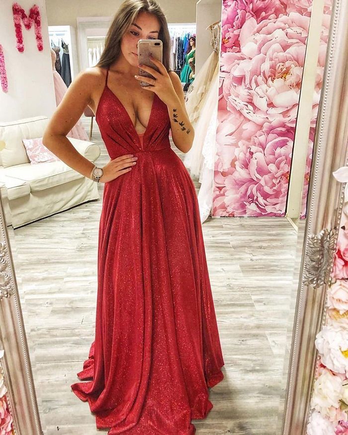 Deep V Neck A Line Red Lace Up Long Backless Prom Dresses