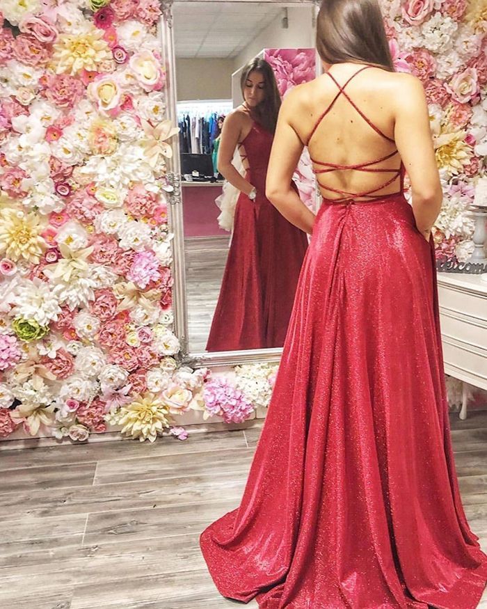 Deep V Neck A Line Red Lace Up Long Backless Prom Dresses