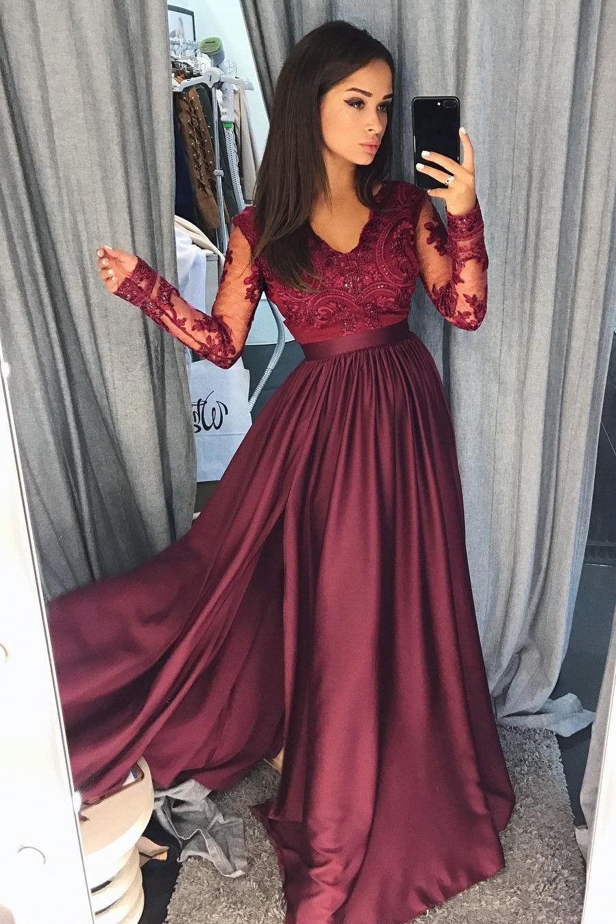 Long A Line Lace V Neck Navy Blue Long Sleeves Prom Dresses