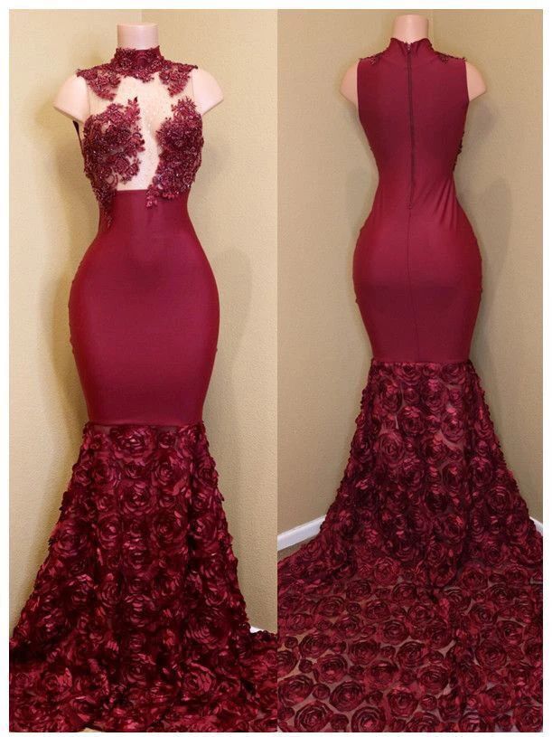 Burgundy Mermaid High Neck Long Rose Patterns Prom Dresses