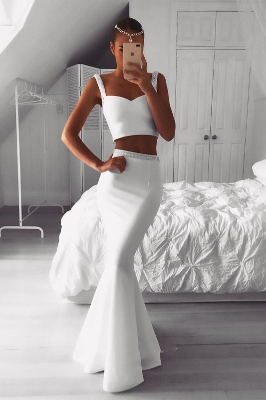 White Satin Beaded Two Pieces Long Mermaid Prom Dresses