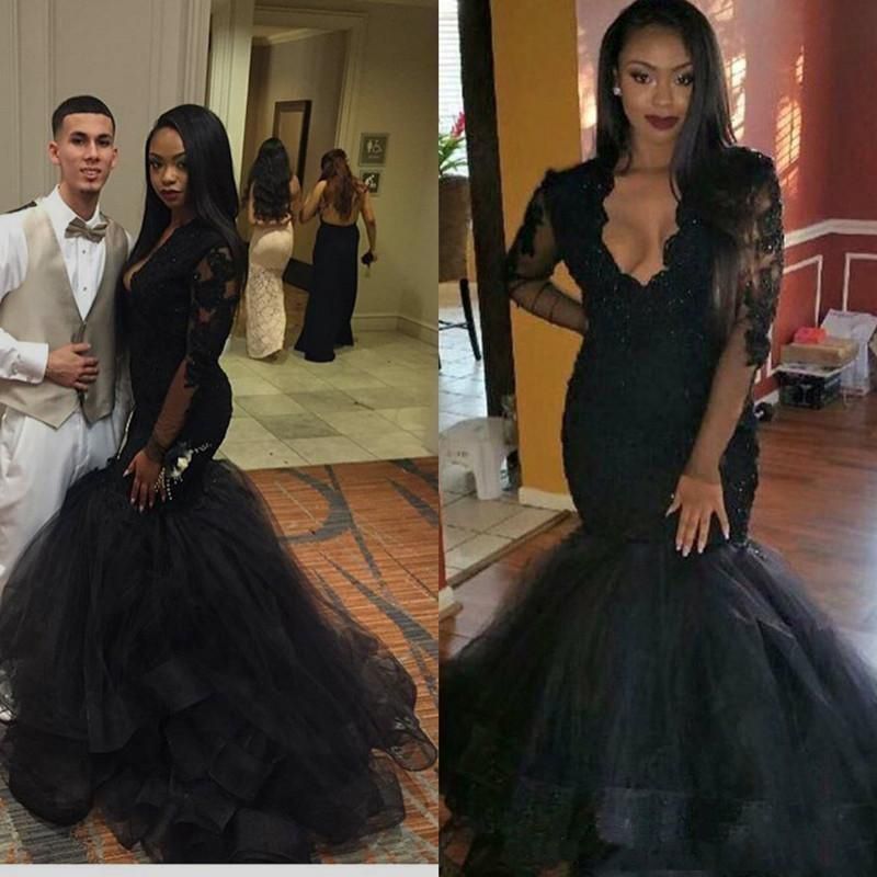 Black Mermaid Open Front Tulle Long Long Sleeves Prom Dresses