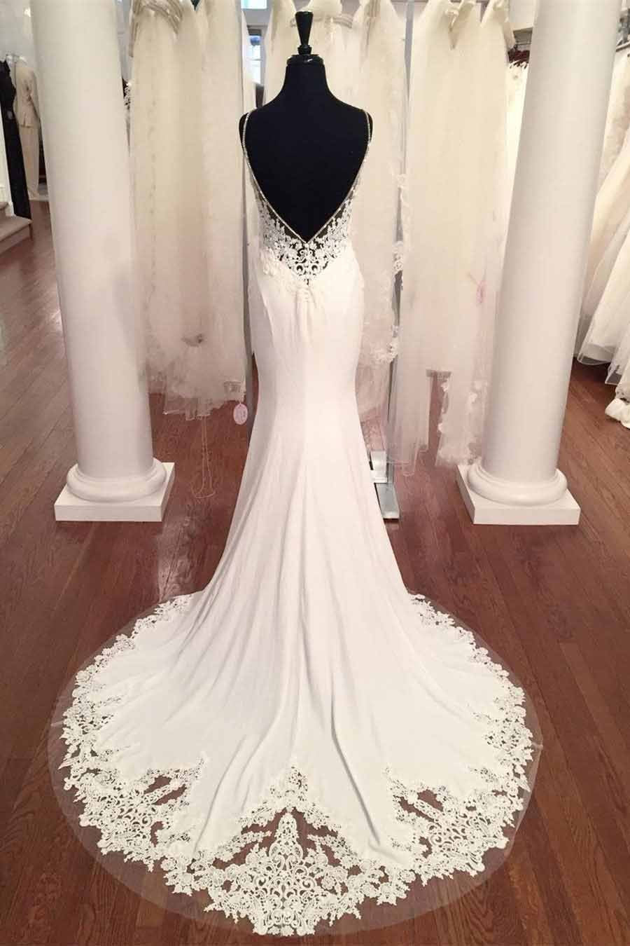 Spaghetti Strap V-Neck Vintage Lace Mermaid Backless Appliques Jersey Beach Wedding Dress