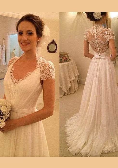 Chiffon Floor-Length A-Line Short Sleeve Bateau Covered Button Wedding Dresses / Gowns With Appliqued