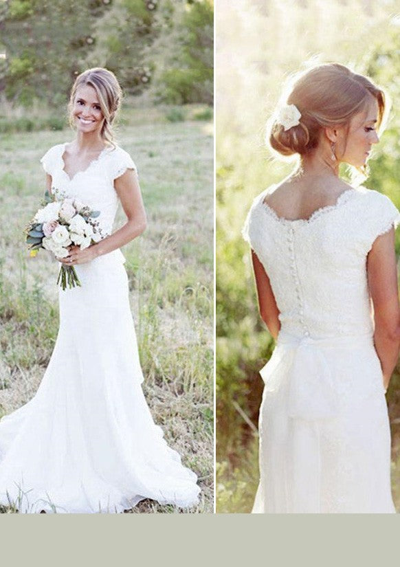 Chiffon Sweep Train Sheath/Column Sleeveless V-Neck Covered Button Wedding Dresses / Gowns With Appliqued