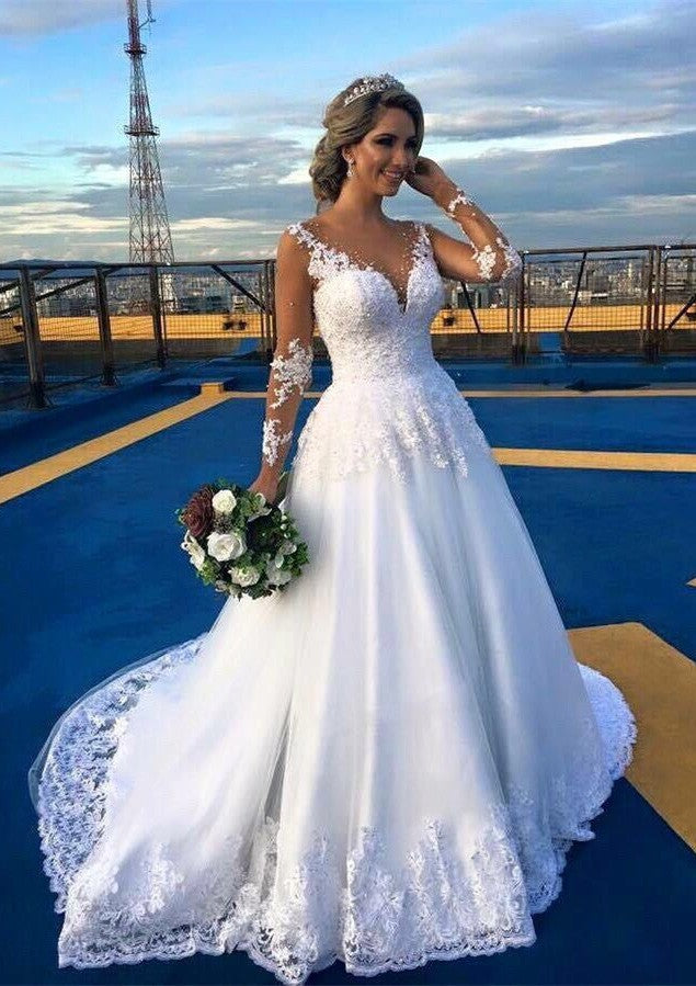 Lace Court Train Ball Gown Long Sleeve V-Neck Covered Button Wedding Dresses / Gowns With Beaded