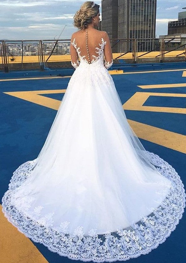 Lace Court Train Ball Gown Long Sleeve V-Neck Covered Button Wedding Dresses / Gowns With Beaded