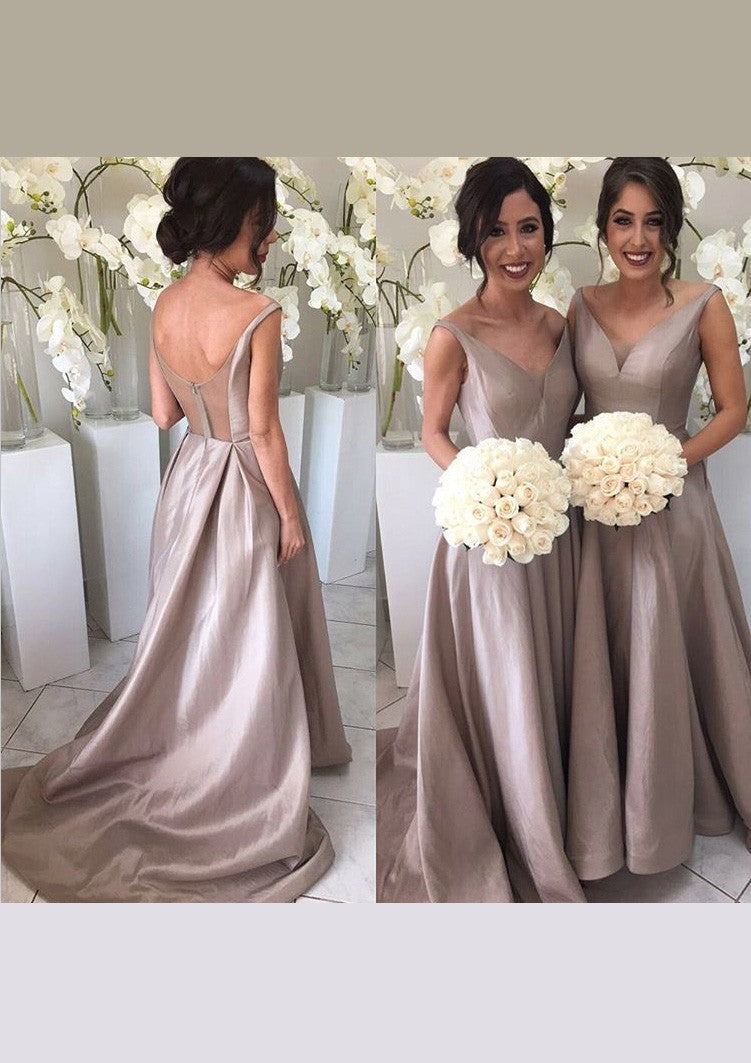 Satin Sweep Train A-Line Sleeveless V-Neck Zipper Bridesmaid Dresses / Gowns