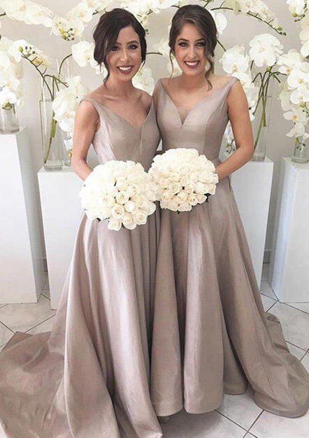 Satin Sweep Train A-Line Sleeveless V-Neck Zipper Bridesmaid Dresses / Gowns