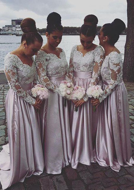 Satin Bridesmaid Dresses / Gowns A-Line Sweetheart Sweep Train With Lace