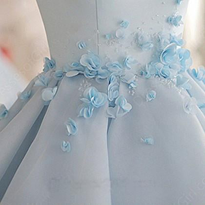 Sky Blue Homecoming Dress,A-line Satin Organza Short Flowers Original Prom Dresses,Mini Dress,N131