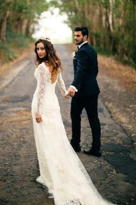 Sexy Gorgeous Mermaid Long Sleeves V-Neck Backless White Lace Wedding Dresses