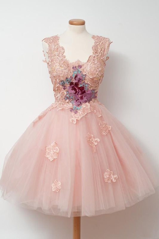 Glamorous A-Line Homecoming Dress,V-Neck Pink Cocktail Dress,Tulle Homecoming Dress with Appliques,Appliqued Short Prom Dresses,Sleeveless Homecoming Gown,N119