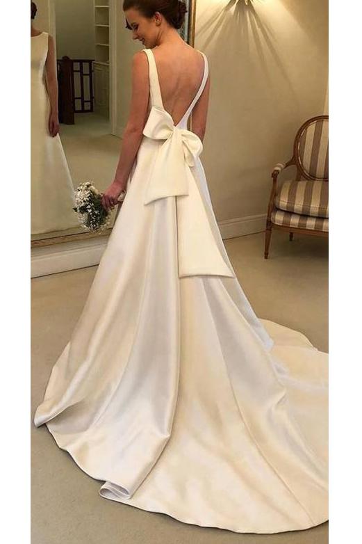 Classic Satin A Line Backless Wedding Dress,Long Backless Wedding Dresses with Bowknot N27