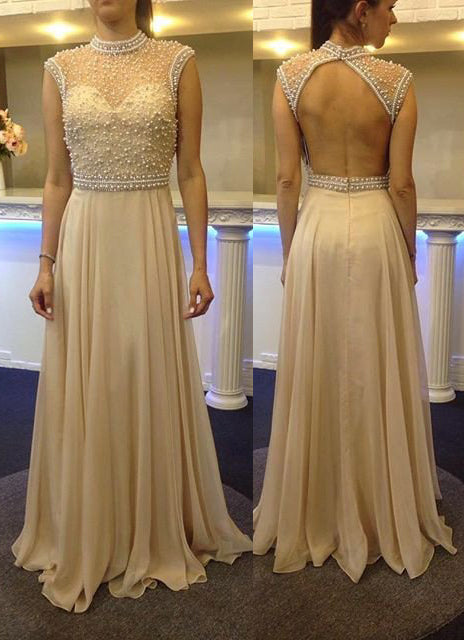 Beading Sheer High Neck Chiffon Champagne Prom Dresses