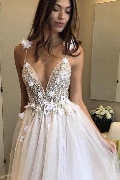 Deep V-neck Beading Prom Dresses,Straps Tulle Appliques A-line Custom Beach Wedding Dress,N97